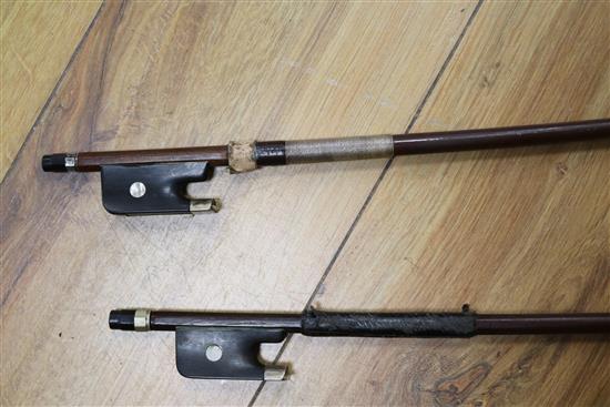 A full sized cello bearing label Arthur Richardson ... and two bows (one silver mounted), the other signed Wilhelm ... uhl